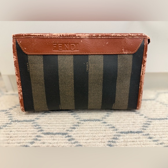 Fendi Handbags - FENDI Vintage Classic Brown Canvas Leather Pequin Striped Logo Clutch Pouch